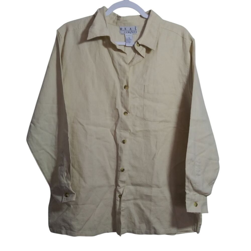 REAL Comfort Vintage 100% LINEN Beach Coastal Button-Up Shirt Size M